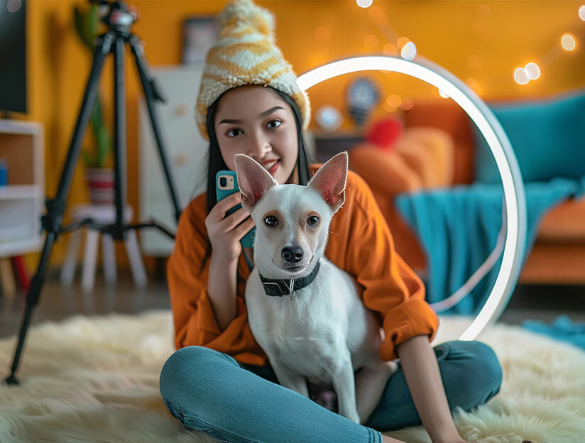 Young woman in an orange sweater and knit hat sits on a fluffy rug, taking a selfie with a small white dog beside her, ring light glowing in the background.